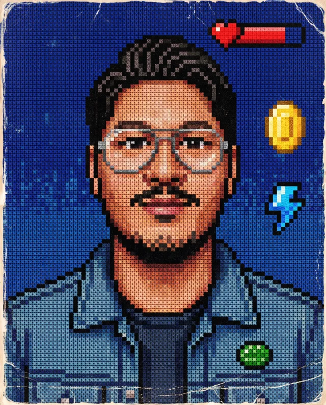 Retrato pixel-art de punto de cruz