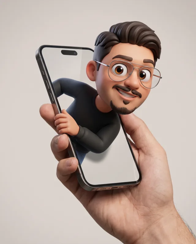 Personaje 3D saliendo de un teléfono